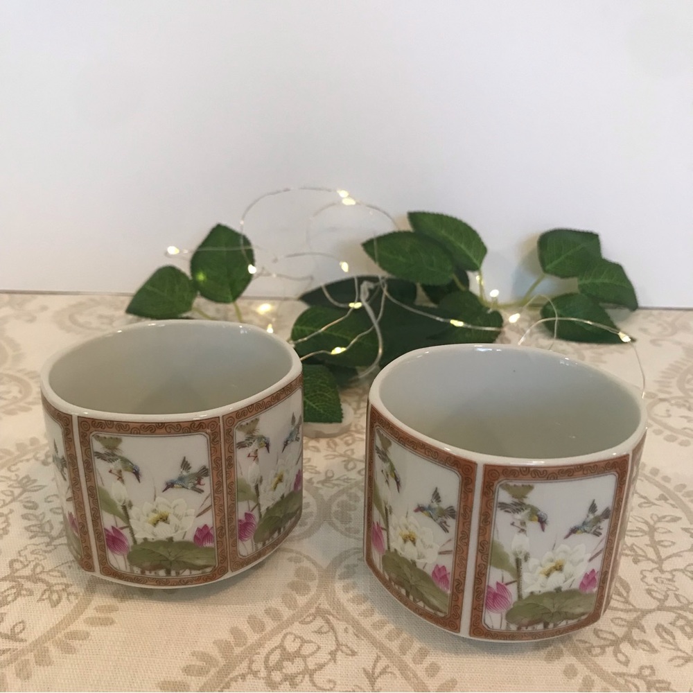 Vintage Toyo Ming Lotus Japan Birds & Flowers Panels Set of 2 Tea Cups